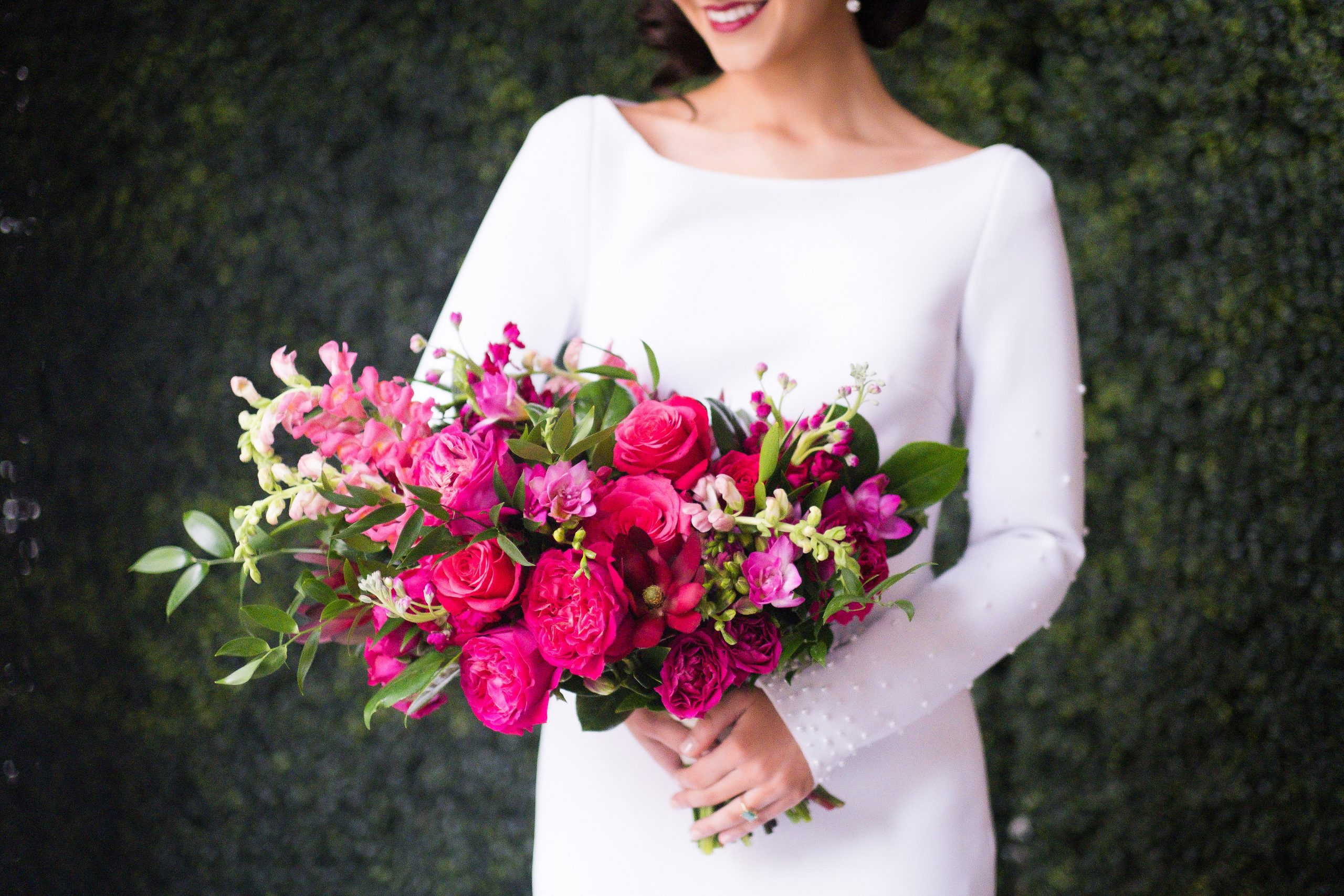 modern bride holding hot pink greenery bridal bouquet Pittsburgh wedding florist
