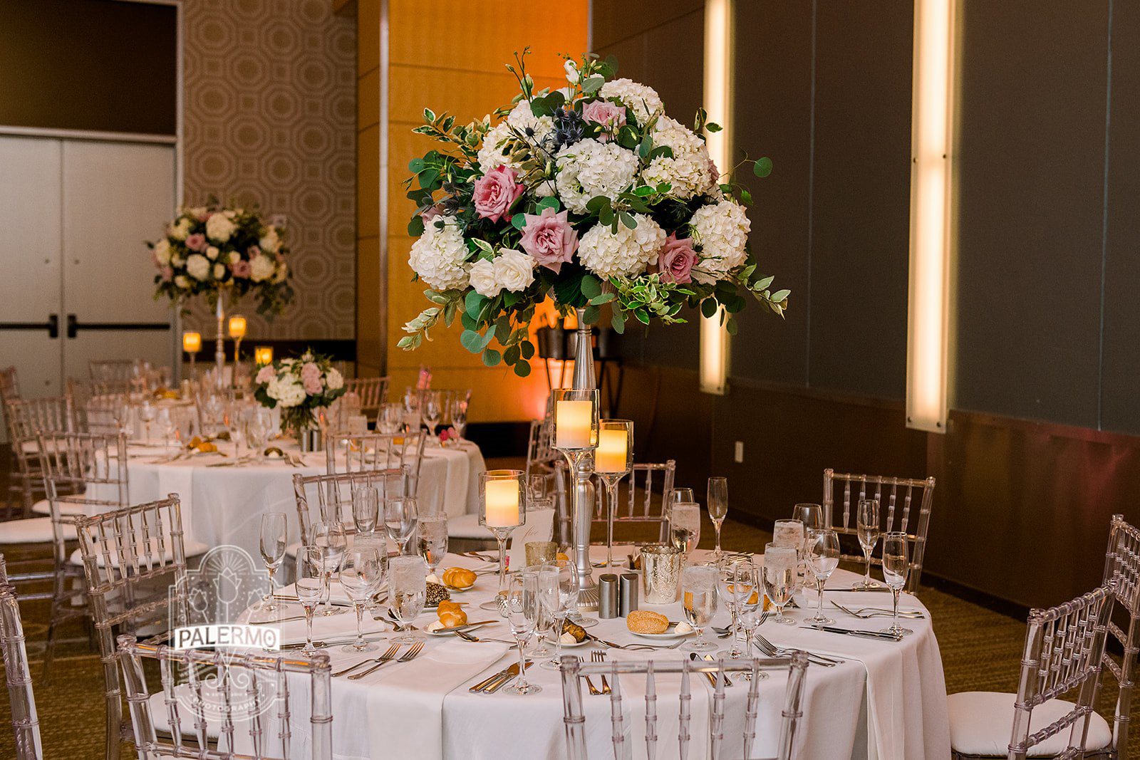 navy blush white wedding Fairmont Pittsburgh ballroom tall floral centerpiece