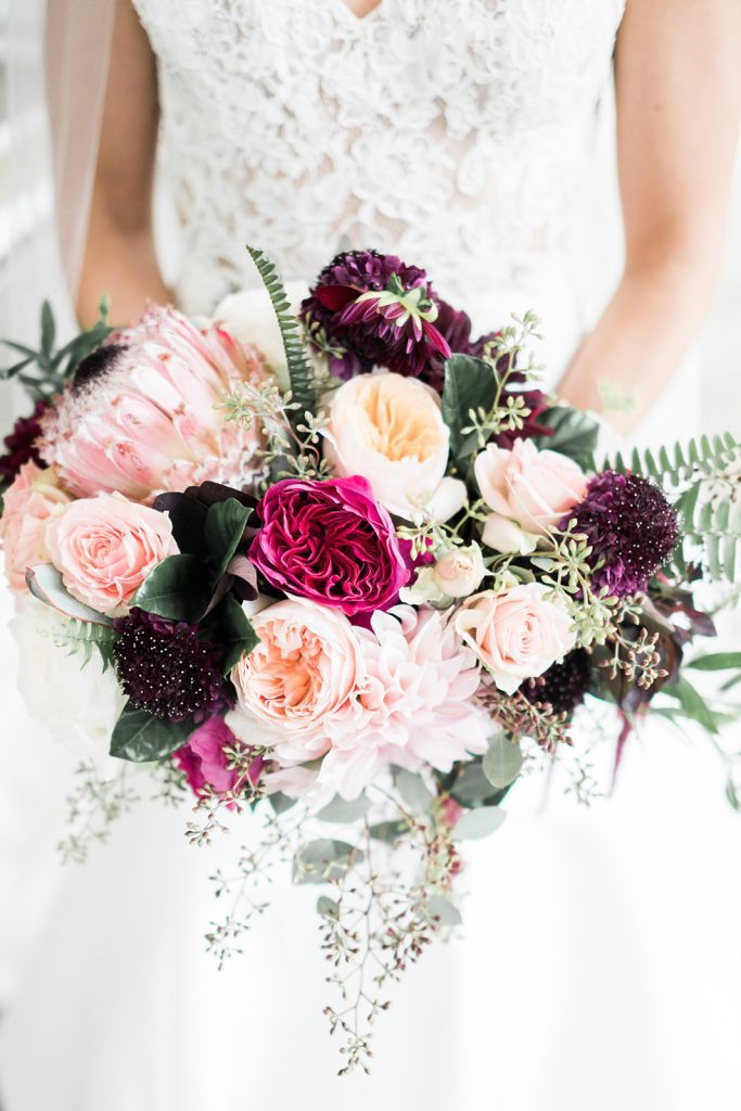 blush hot pink burgundy bridal bouquet dinner plate dahlia protea