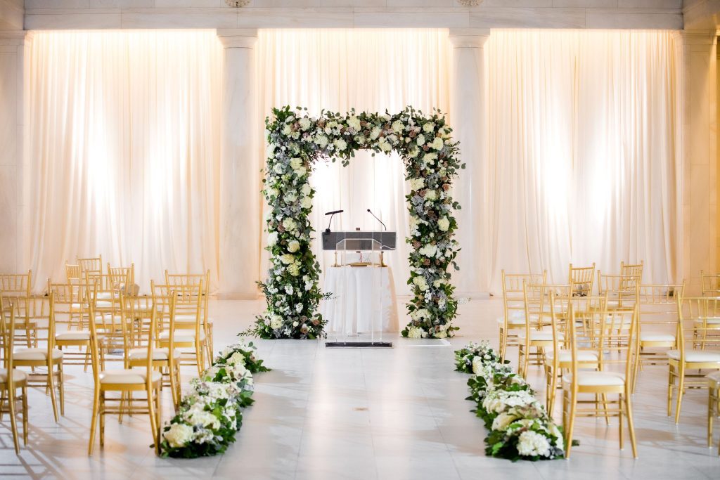 Custom floral structures wedding ceremony backdrop Carnegie Museum Hall of Sculpture Pittsburgh 