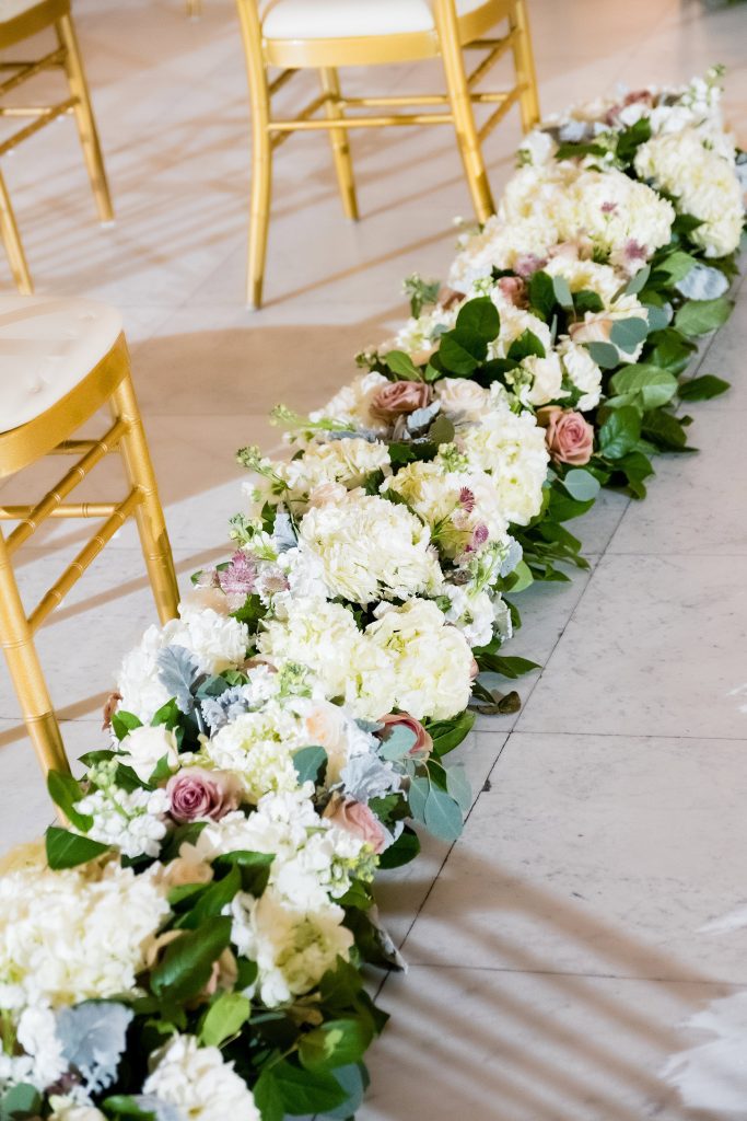 long aisle floral runner white, mauve, greenery 