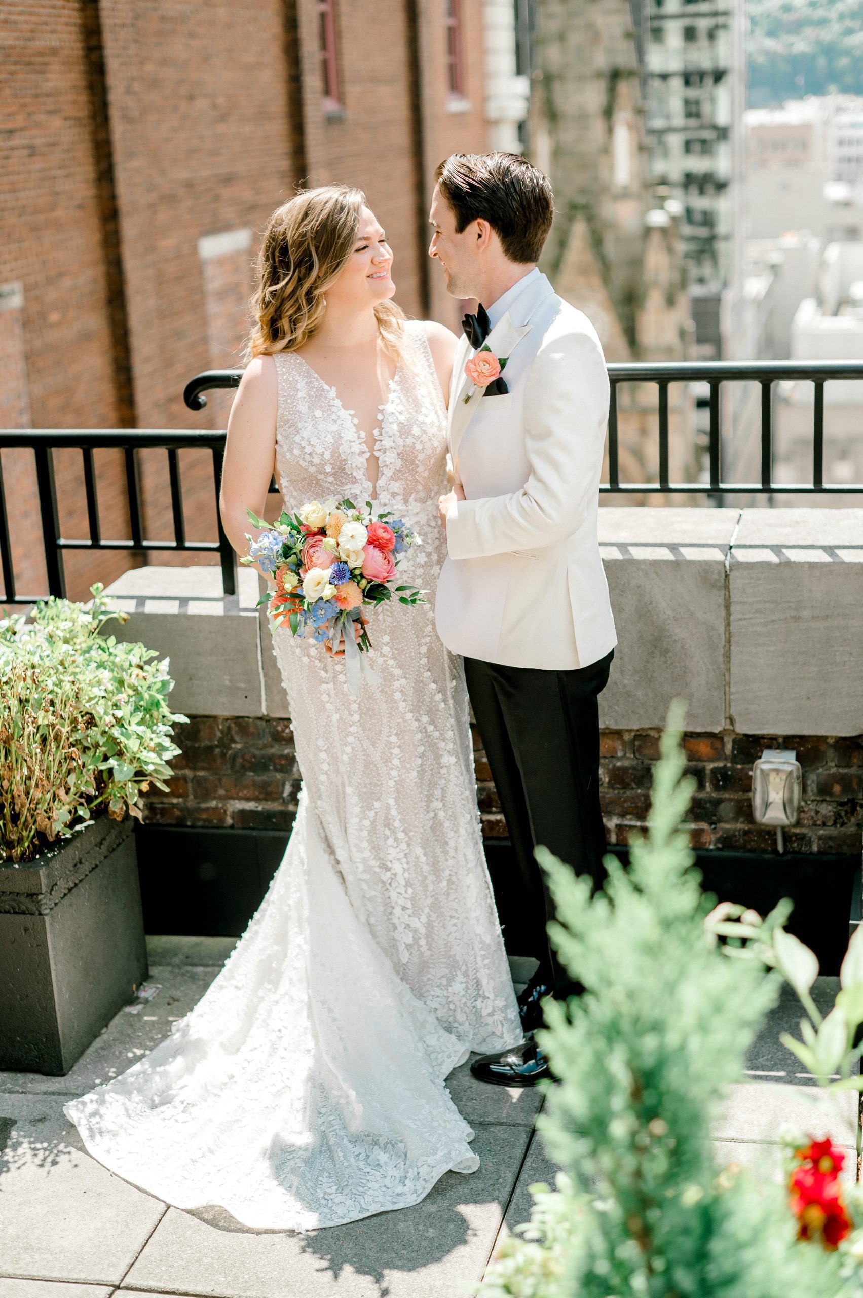 summer garden party wedding bride and groom outdoor portrait