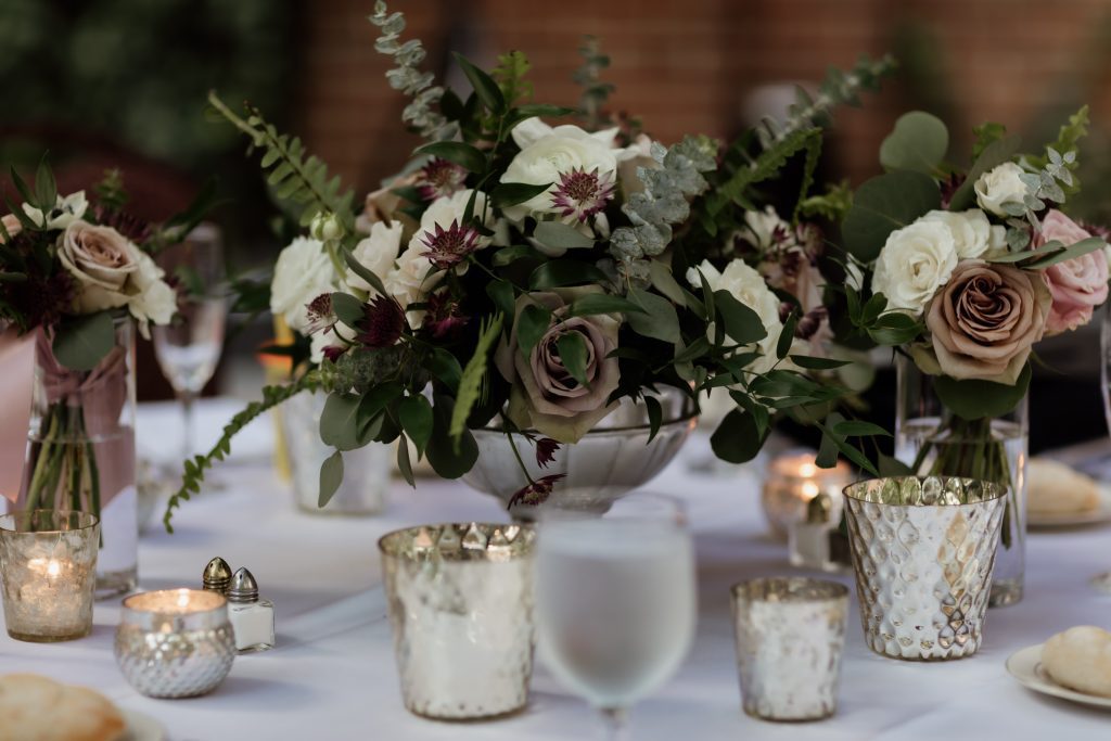 vintage and romantic garden wedding guest table centerpiece