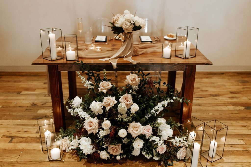 modern industrial romantic wedding sweetheart table 