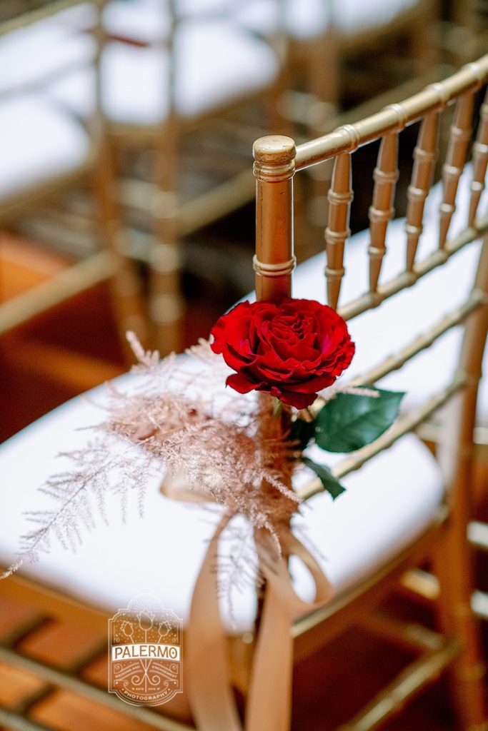 red rose chair accent aisle flowers Pittsburgh Grand Hall Priory Hotel