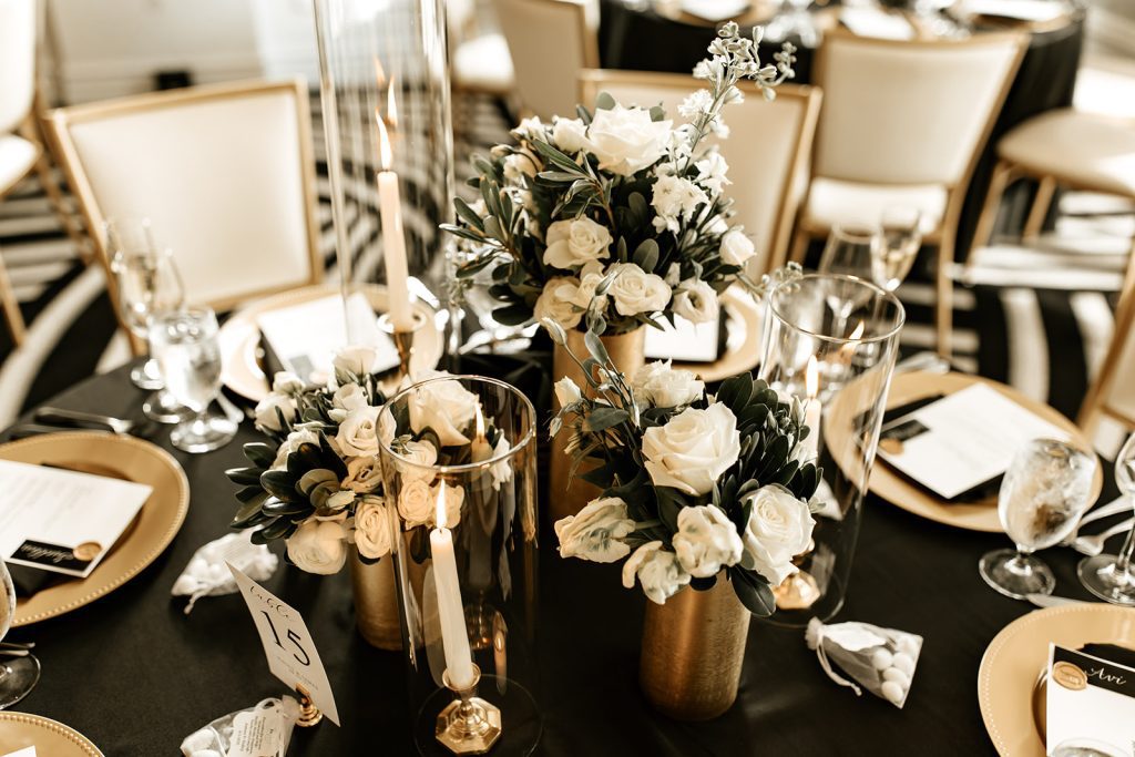 modern glamorous wedding reception guest table centerpiece