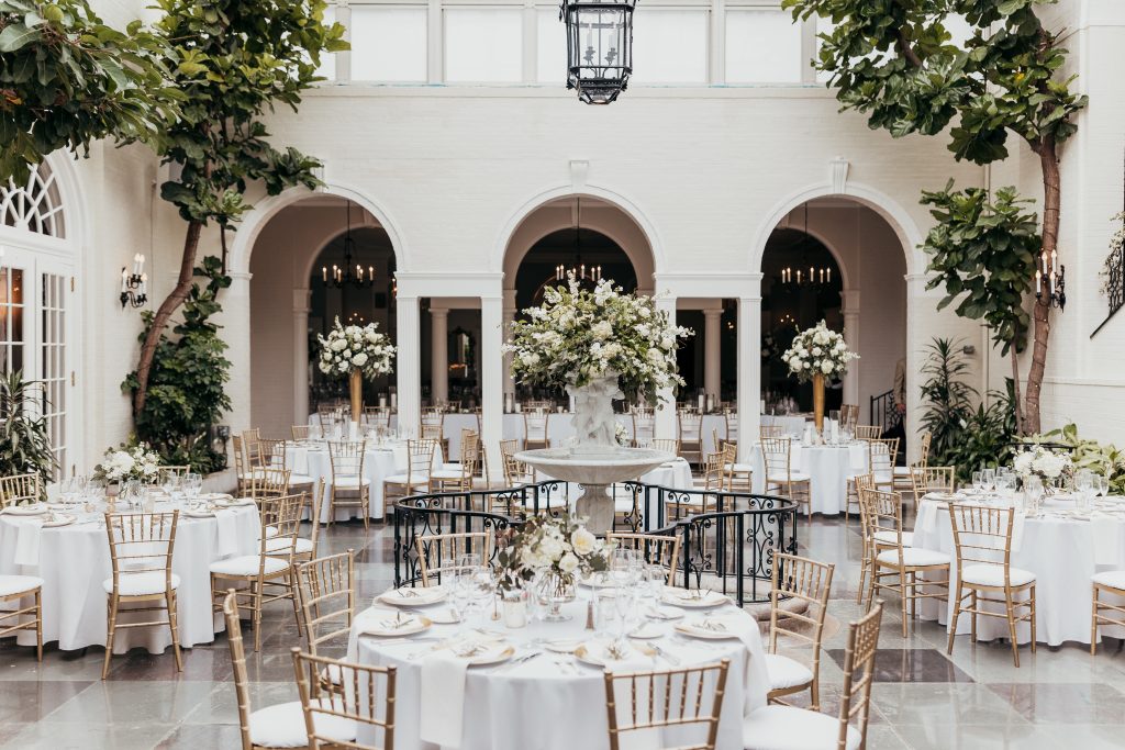 Fox Chapel Golf Club atrium wedding reception white greenery centerpieces statement flowers