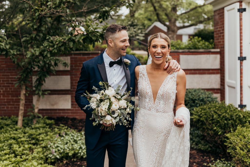 refined romance bride and groom wedding day outdoor portrait