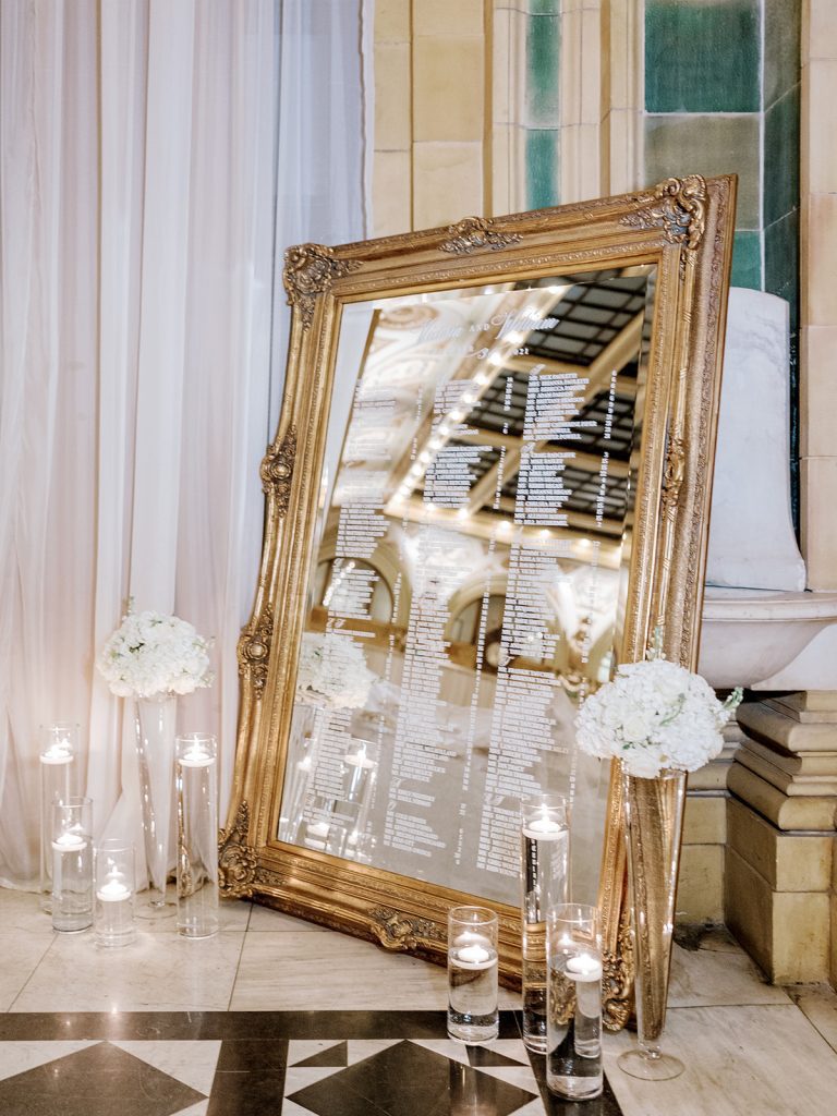 elegant gold frame mirror wedding seating chart display