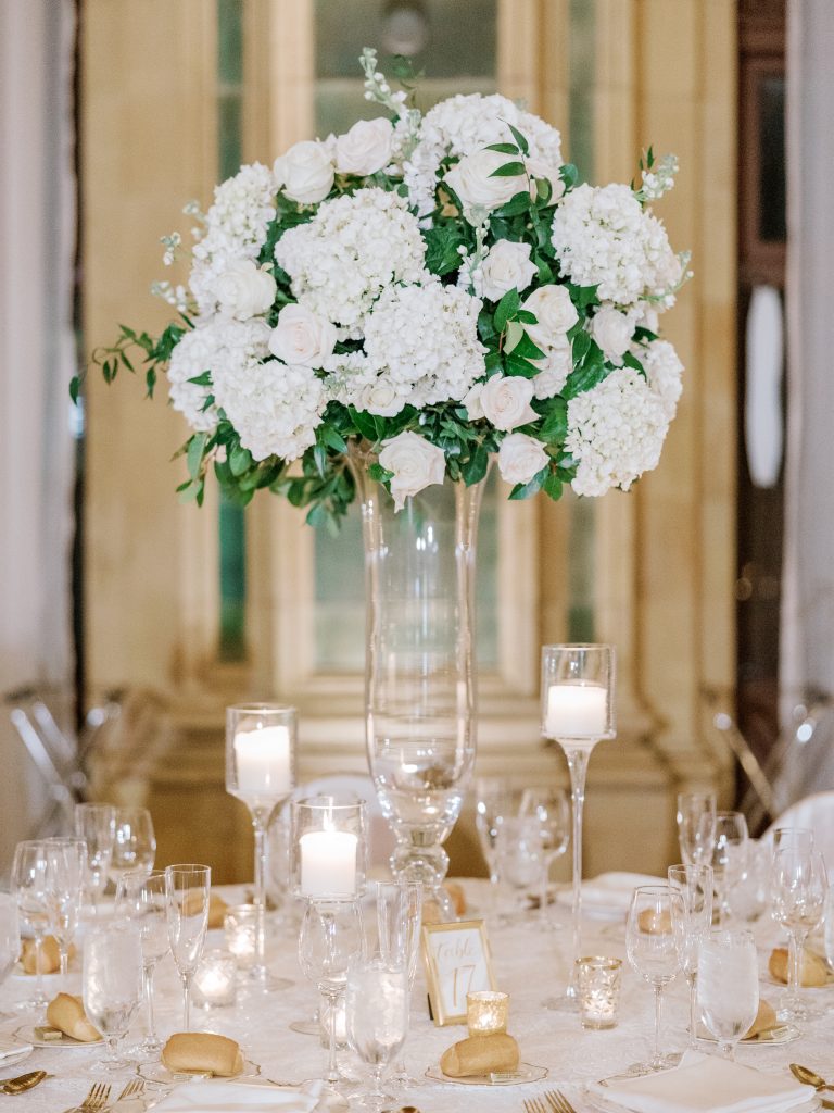 Lush tall white greenery reception table centerpiece The Pennsylvanian winter wedding