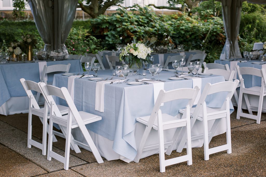 cool toned summer wedding Phipps Conservatory outdoor garden reception