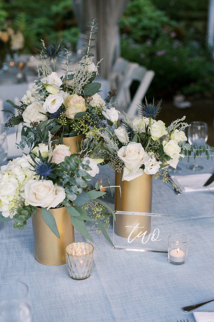 gold cylinder trio reception guest table centerpiece Phipps Conservatory outdoor garden