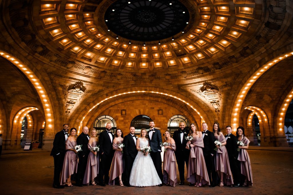 bridal party outdoor portrait rotunda The Pennsylvanian wedding venue