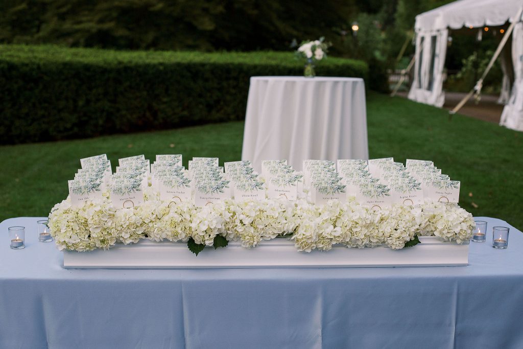 cool toned summer wedding hydrangea escort card display