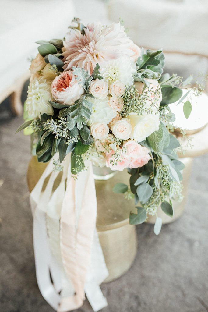 soft romantic blush cream greenery bridal bouquet with dahlias garden roses eucalyptus 