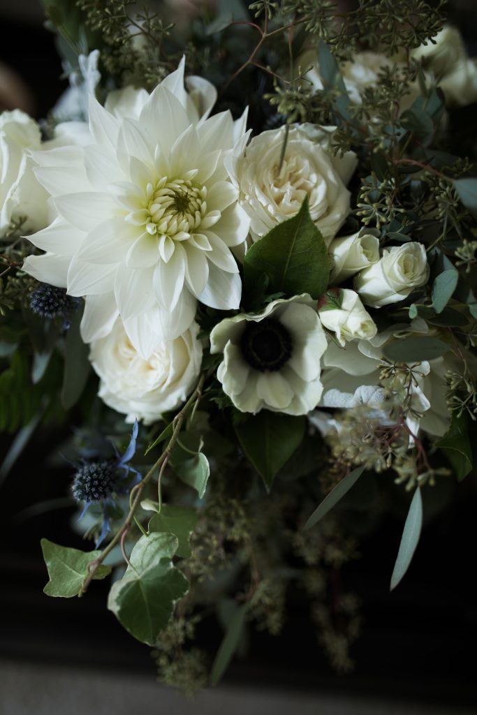 white semi cactus dahlia wedding flower details