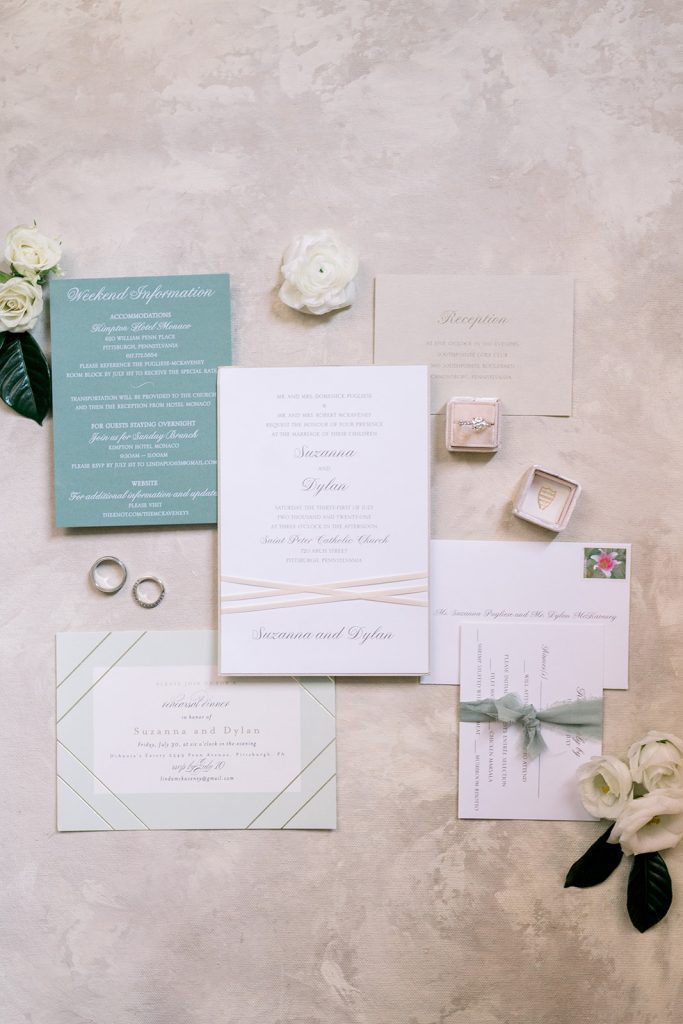 Summer wedding invitation suite in white gold and green tones