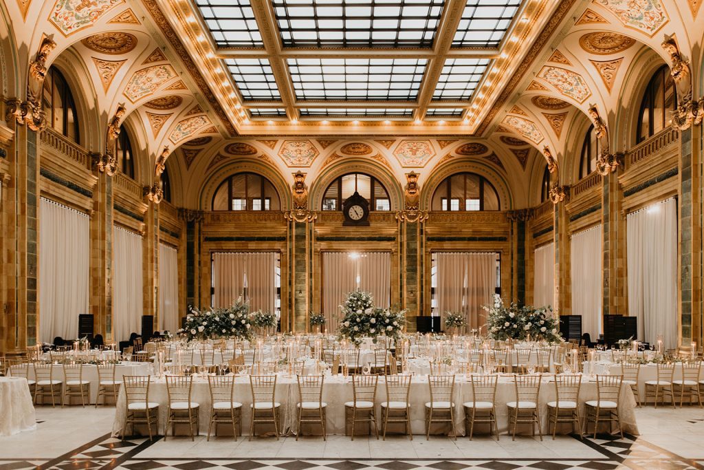 classic and fun wedding reception Grand Hall at The Pennsylvanian downtown Pittsburgh