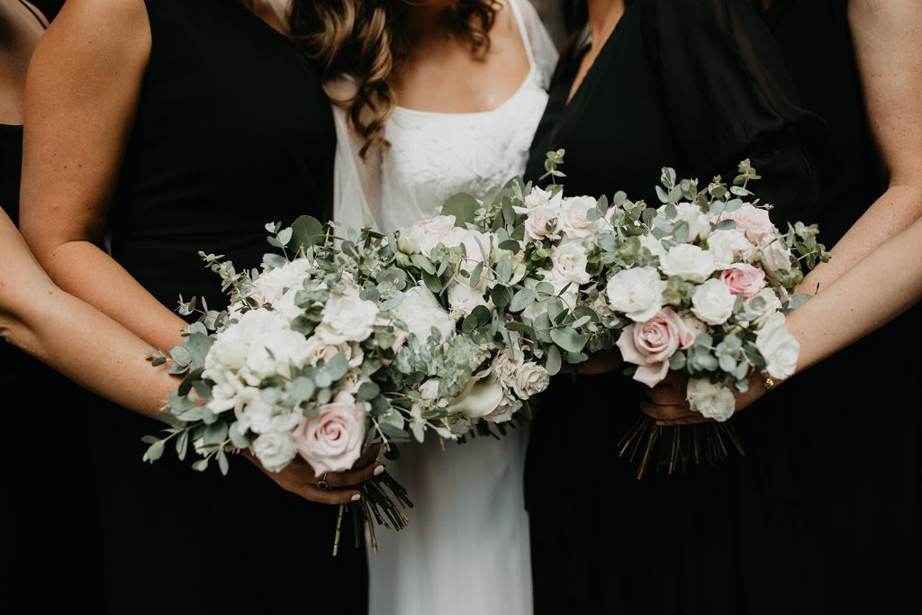 white blush and greenery bride and bridesmaid bouquets classic and fun wedding