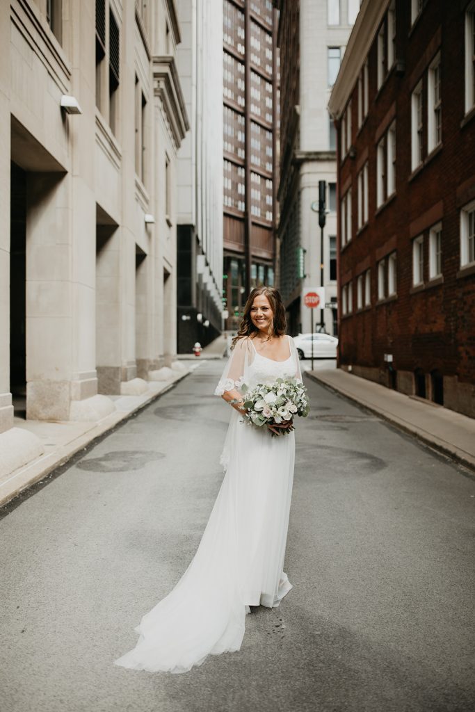 classic and fun wedding bride outdoor downtown Pittsburgh portrait