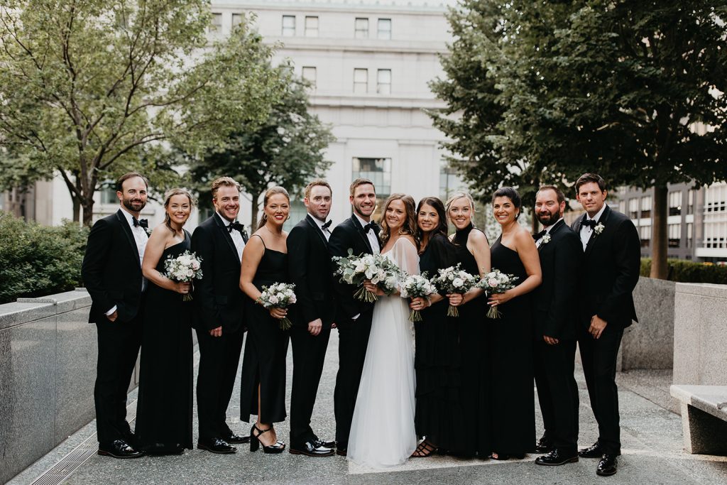 classic and fun wedding bridal party portrait outdoors at Mellon Park Pittsburgh