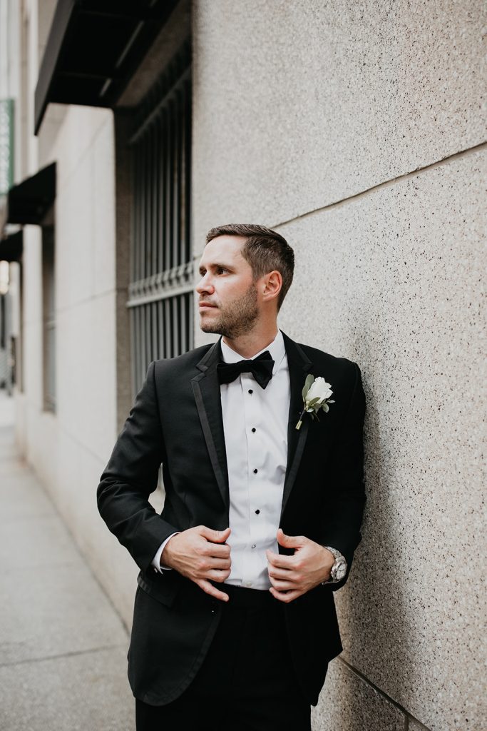 classic and fun wedding groom outdoor downtown Pittsburgh portrait