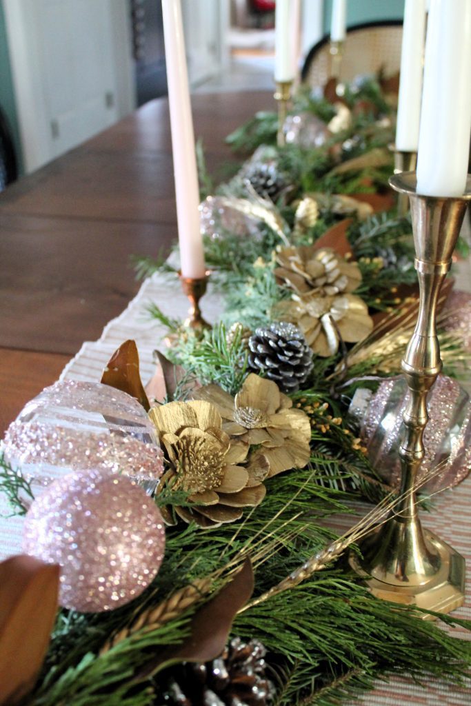 winter evergreen garland with gold and blush accents