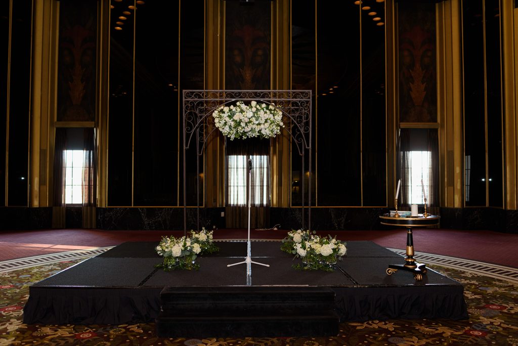 Omni William Penn Urban Room wedding ceremony floral backdrop